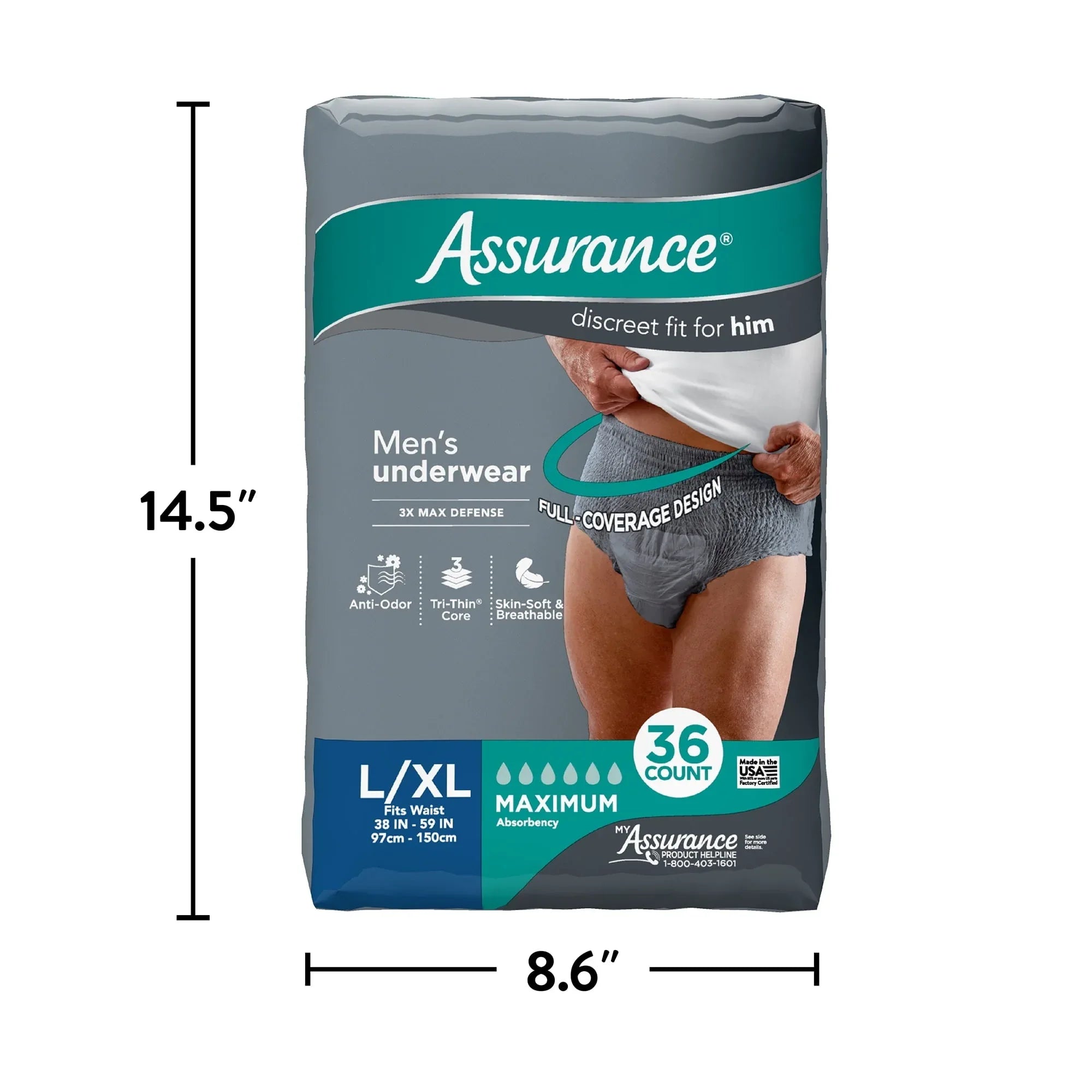 Assurance Men's Incontinence Underwear, L/XL, Maximum Absorbency, 36 Count