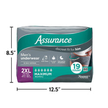 Men's incontinence underwear box, 2XL, 19-count with dimensions