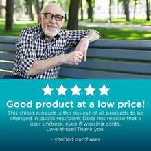 Incontinence shields testimonial graphic with smiling elderly man on a bench