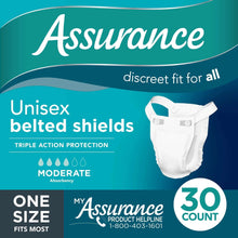 Unisex belted shields package with moderate absorbency, one size fits most, 30 count