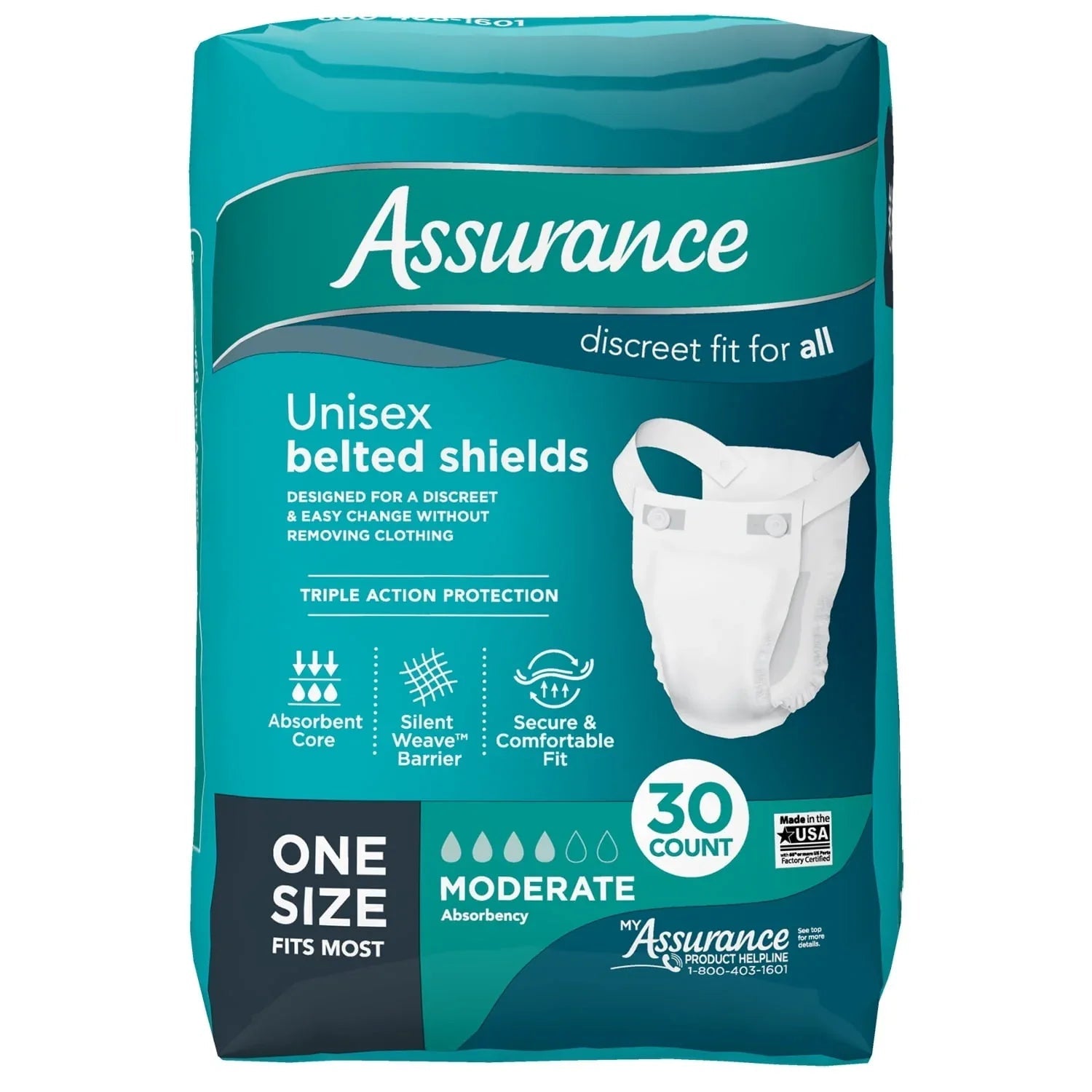 Assurance Unisex Incontinence Belted Shields, Moderate Absorbency, One Size Fits Most, 30 Count