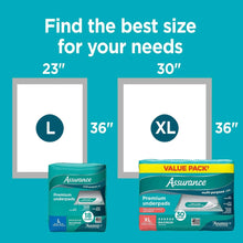 Adult underpad value packs shown for size options L and XL, with 23 and 30 count