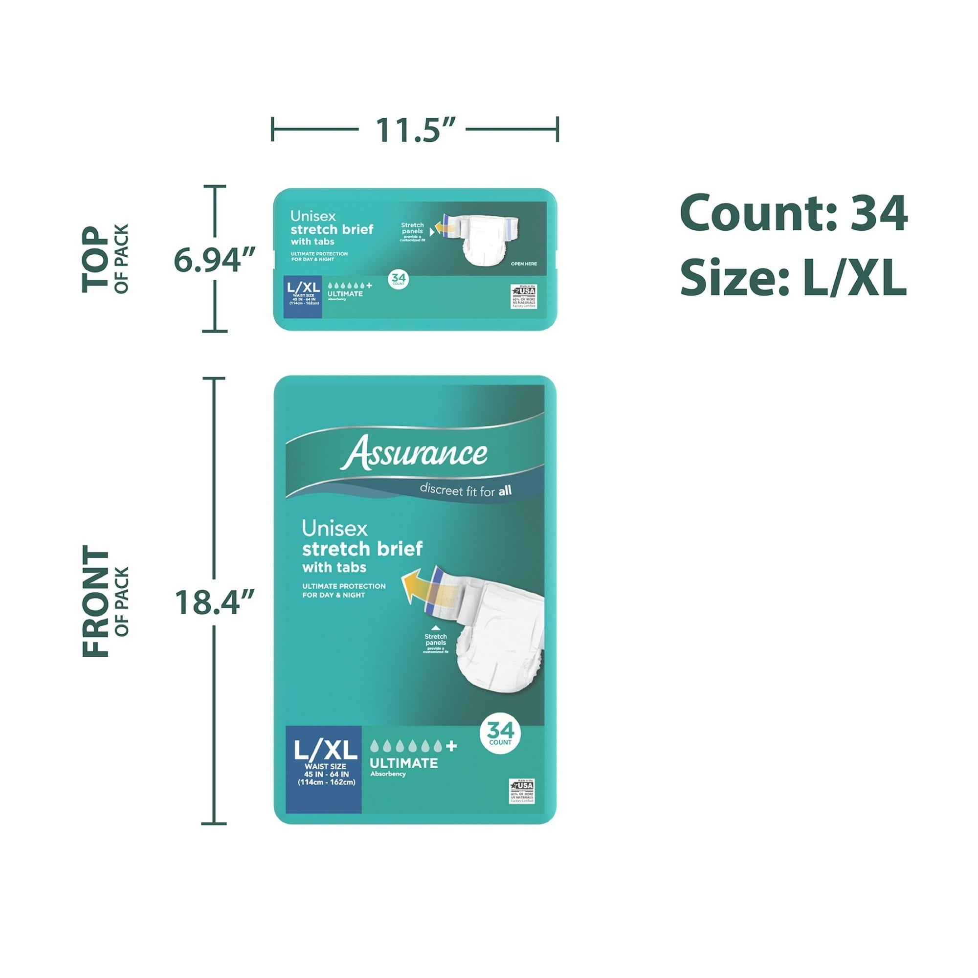 Assurance Unisex Stretch Briefs with Tabs, L/XL, 34 Count