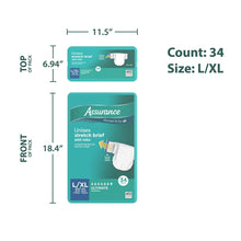 Retail package size info: unisex stretch briefs with tabs, L/XL, 34-count diagram