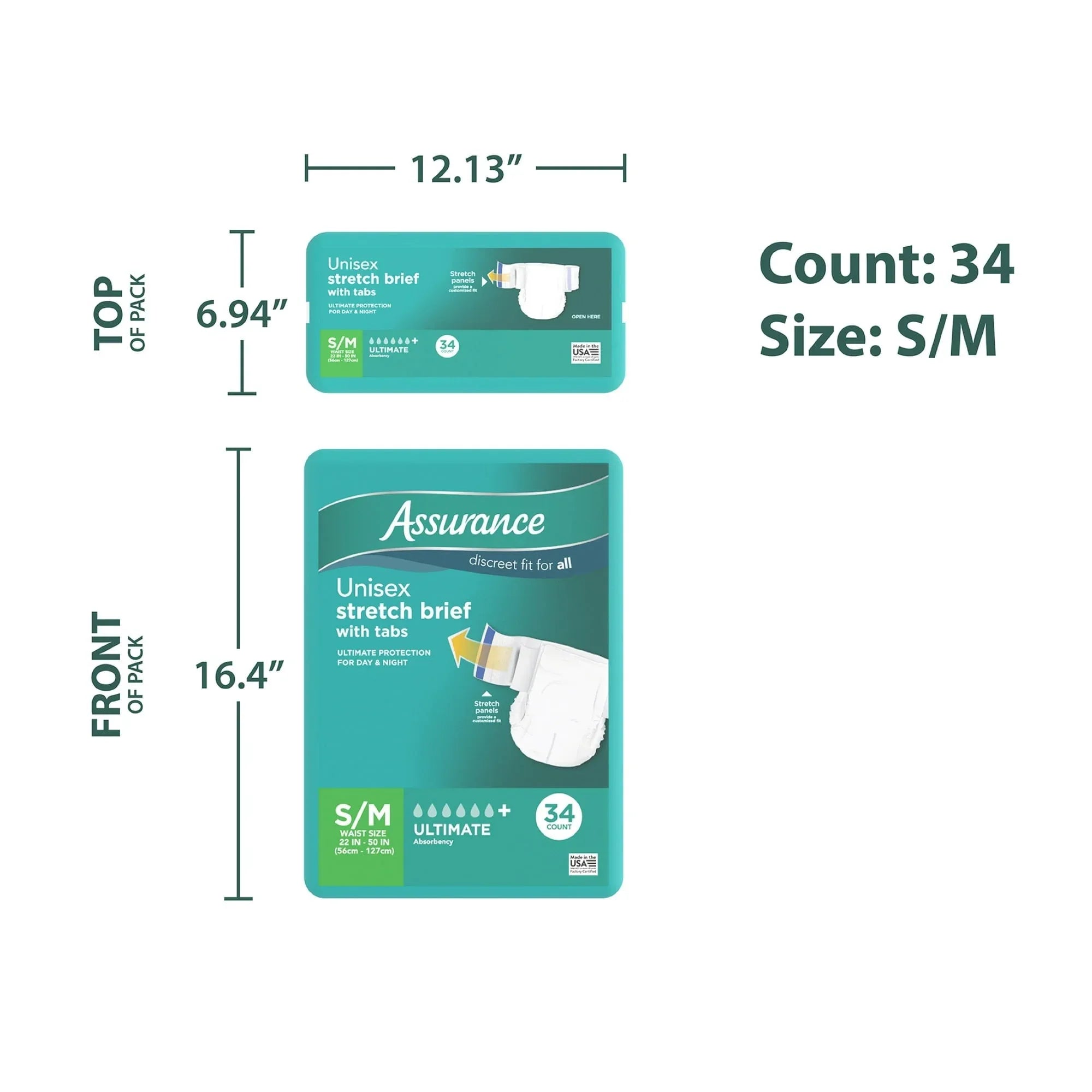 Assurance Unisex Stretch Briefs with Tabs, S/M, 34 Count