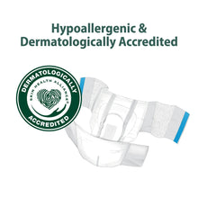 White unisex stretch briefs with blue tabs and hypoallergenic accredited emblem