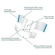 White unisex stretch briefs with blue tabs and padded leak barrier panels