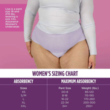 Lilac women’s incontinence underwear briefs on model with sizing chart panel