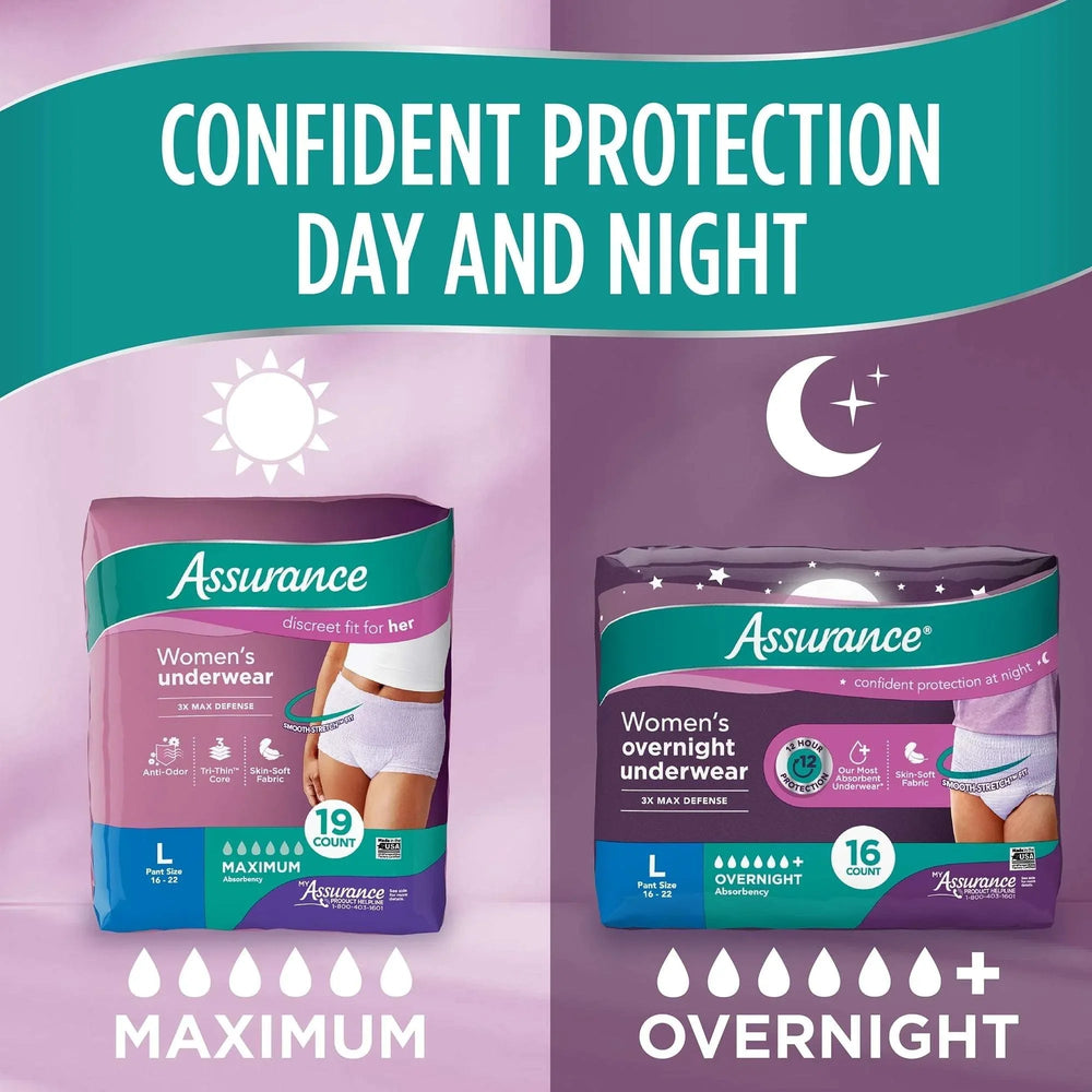 Assurance women's underwear multipack: maximum 19 count and overnight 16 count