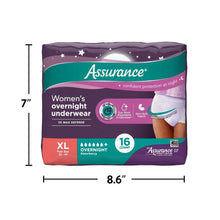 Assurance women's overnight underwear XL pack of 16 package with size diagram