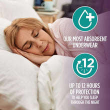 Women's overnight underwear protection up to 12 hours badge on sleeping woman