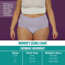 Women's overnight underwear on model with sizing chart, light purple panty