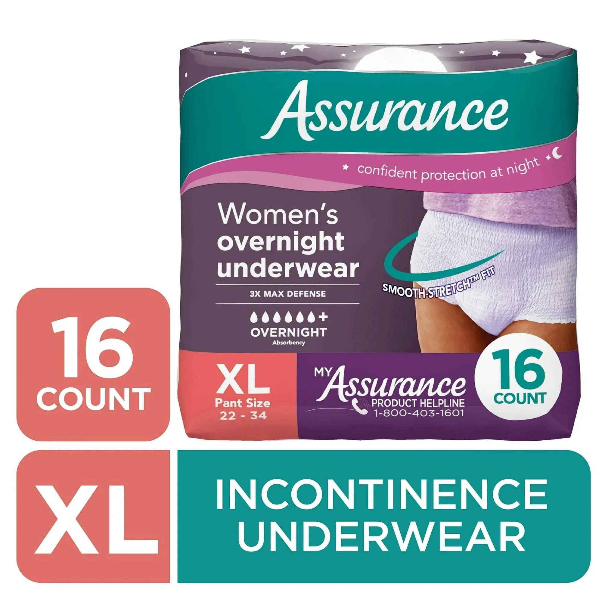 Assurance Women's Overnight Incontinence & Postpartum Underwear, XL , Ultimate Absorbency (16 Count)