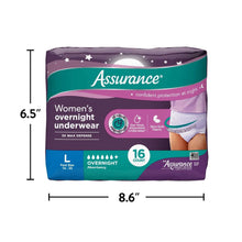 Assurance women’s overnight underwear package with size dimensions in inches