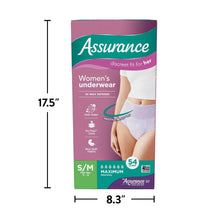 Assurance incontinence underwear S/M pack, 54-count, shown with size guide