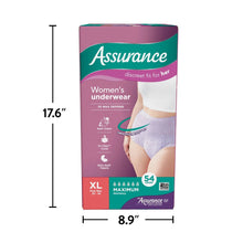 Assurance incontinence underwear box with dimensions, 54-count XL maximum absorbency