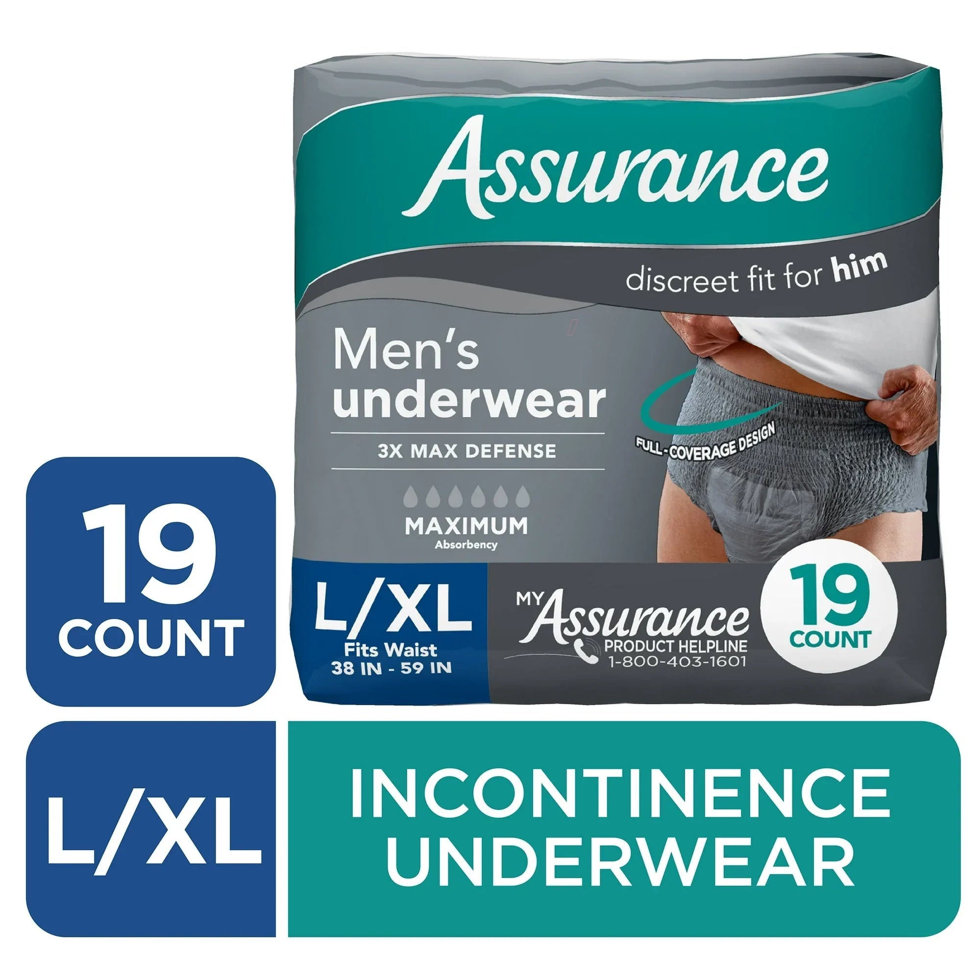Assurance Men's Incontinence Underwear, L/XL, Maximum Absorbency, 36 Count