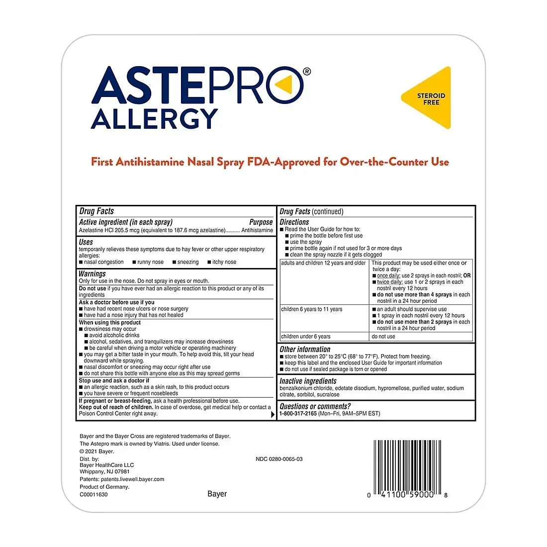 Astepro Allergy Steroid-Free Antihistamine Nasal Spray, 3 Pack
