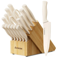 Kitchen knife set with white handles and speckled blades in a wooden block stand