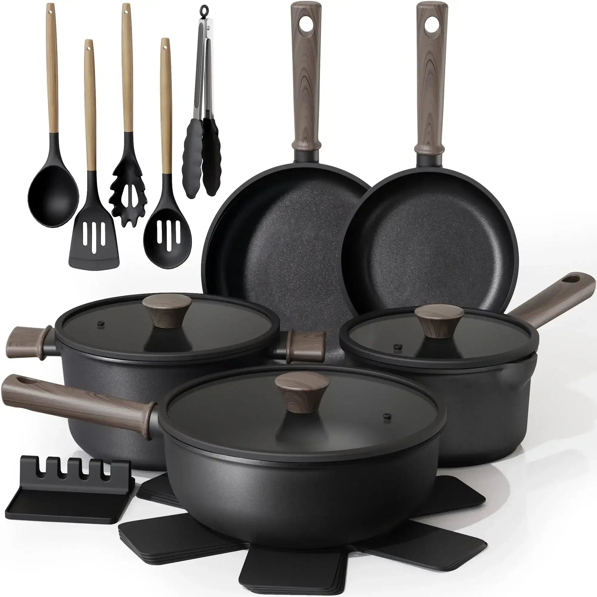 Astercook 18-Piece Pots and Pans Set, Black Titanium Induction Nonstick Cookware Set, Oven Safe to 480°F, Induction Compatible & Dishwasher Safe, Kitchen Cooking Set for RV Trips, Camping and Picnic - USA MEGA SHOP