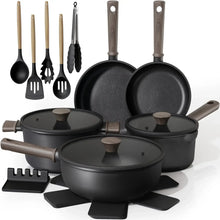 Black nonstick cookware set with three pans, pot lids, and matching cooking utensils