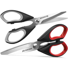Kitchen scissors set with serrated blades and black grips with red accents.