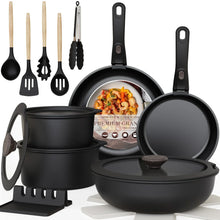 Black nonstick cookware set with detachable handles, stacked frying pans and saucepans