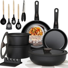 Black nonstick pots and pans set with detachable handles and included tools