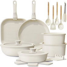 Nonstick cookware set in cream white with stacked pots, pans, and detachable handles