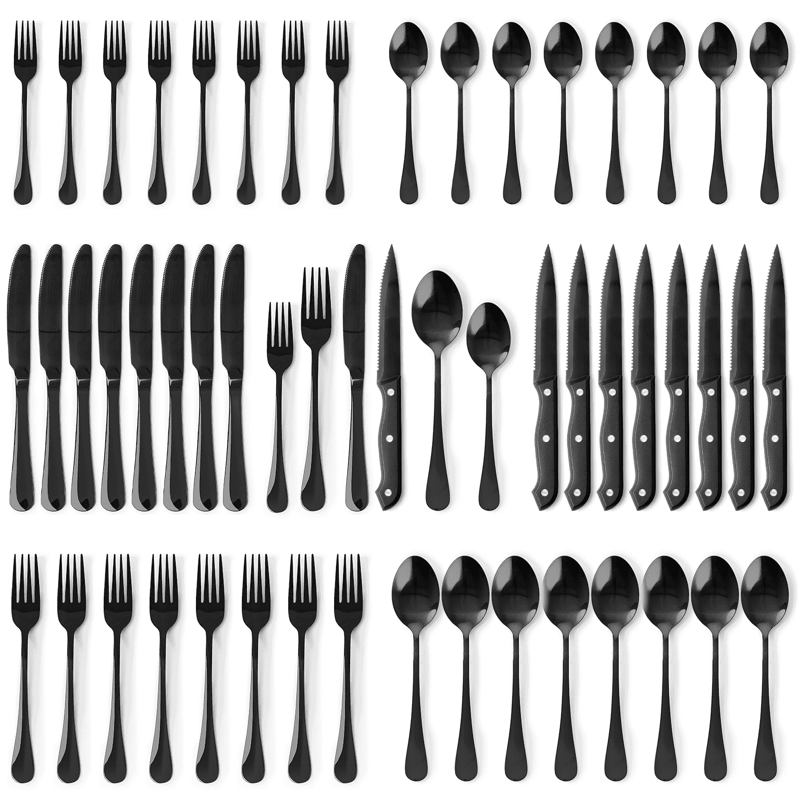 Astercook Black Silverware Set with Steak Knives, Black Flatware Set for 4, Food-Grade Stainless Steel Tableware Cutlery Set, Eating Mirror Polished Utensil Set for Home Restaurant