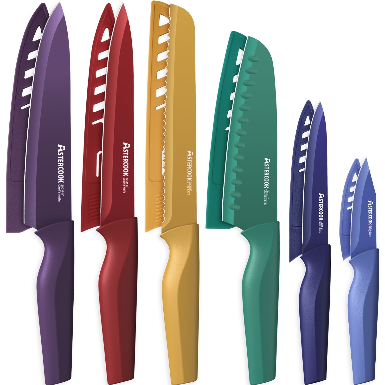 Astercook 6 Piece Color-Coded Kitchen Knife Set, Stainless Steel Chef Knives with 6 Anti-Rust Coating Blades and Blade Guards, Dishwasher Safe