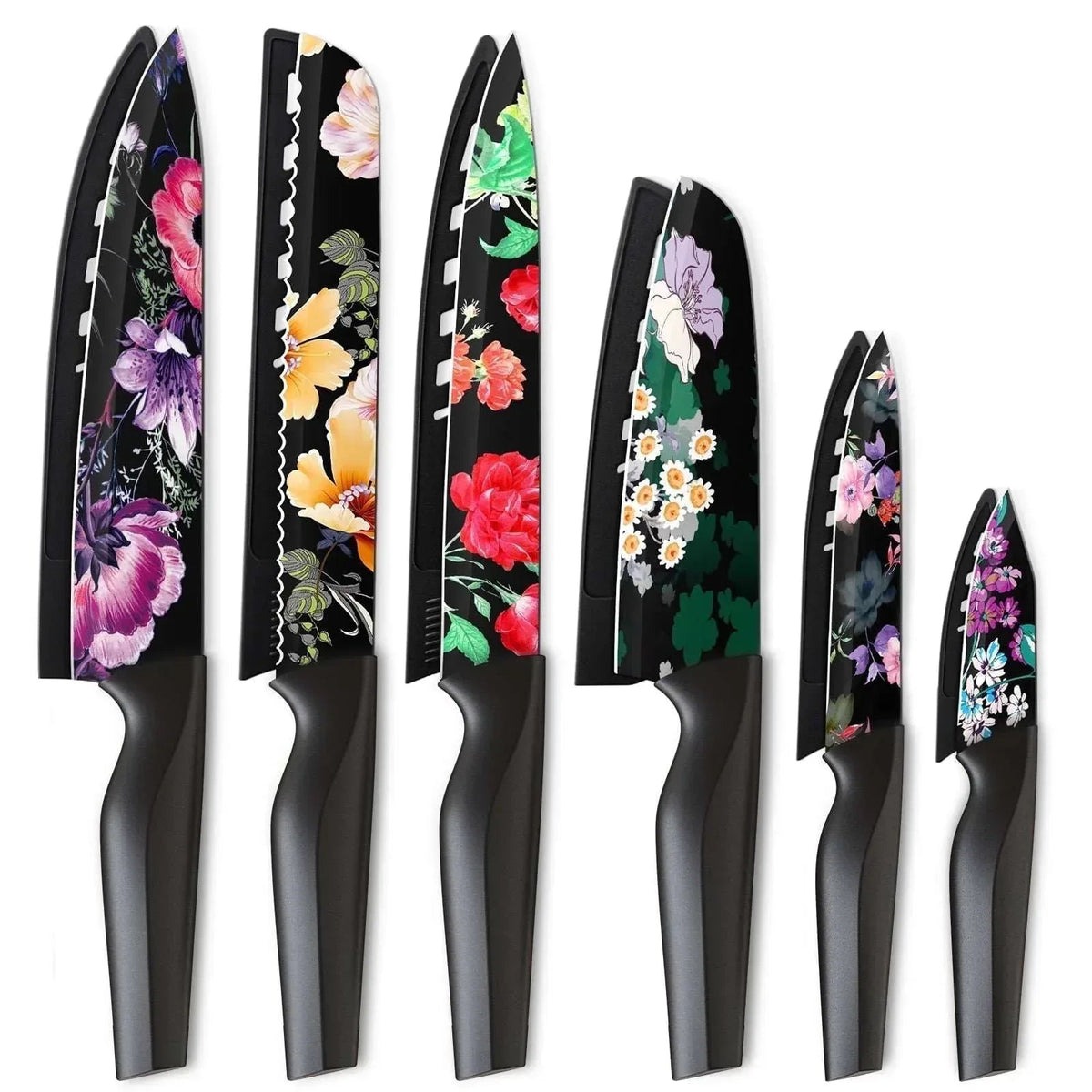 Astercook 6 Piece Color-Coded Kitchen Knife Set, Stainless Steel Chef Knives with 6 Anti-Rust Coating Blades and Blade Guards, Dishwasher Safe