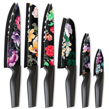 Kitchen knife set of 6 with floral-pattern blades and black handles, blade guards