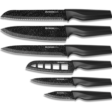 6-piece kitchen knife set with speckled black blades and dark handles