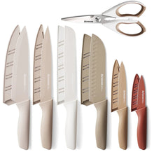 Kitchen knife set with blade guards, white blades and cream handles, stainless-steel look