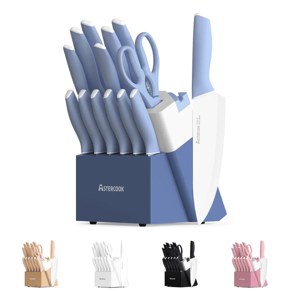 Astercook Knife Set, 14 Pieces Kitchen Knives Set with Healthy Anti-Rust Coating, Stainless Steel Knife Sets with Built-in Sharpener, Sharp & Rust Resistant Dishwasher Safe - USA MEGA SHOP