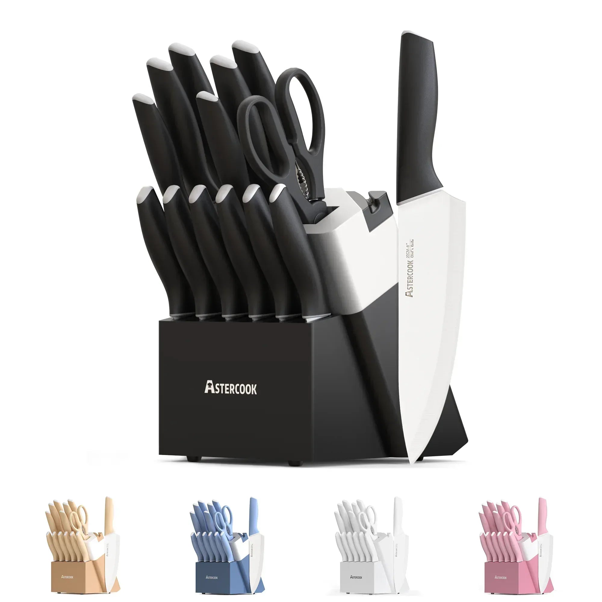 Astercook Knife Set, 14 Pieces Kitchen Knives Set with Healthy Anti-Rust Coating, Stainless Steel Knife Sets with Built-in Sharpener, Sharp & Rust Resistant Dishwasher Safe