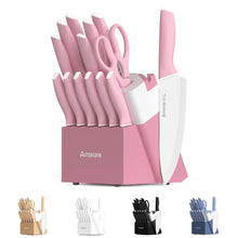 Pink stainless steel knife set with storage block and upright knives