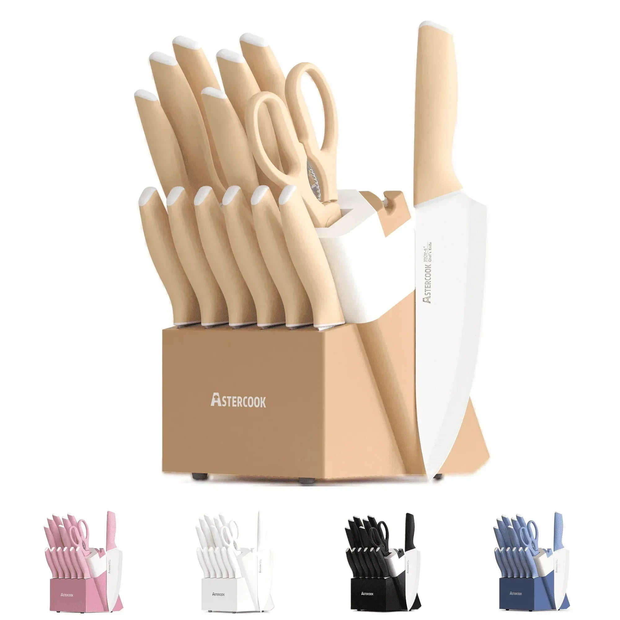 Astercook Knife Set, 14 Pieces Kitchen Knives Set with Healthy Anti-Rust Coating, Stainless Steel Knife Sets with Built-in Sharpener, Sharp & Rust Resistant Dishwasher Safe