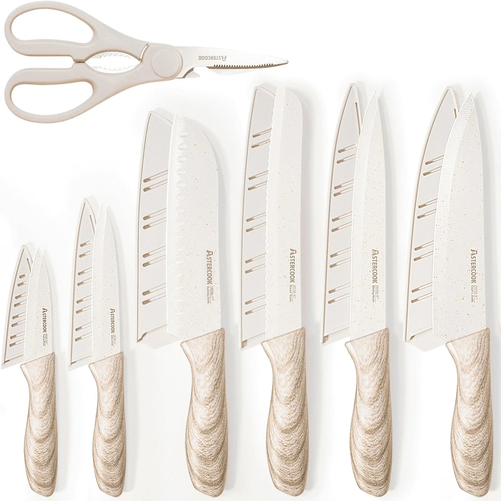 Astercook 7 Pieces Kitchen Knife Set, Knives Set with Anti-Rust Coating, Stainless Steel Chef Knife Sets with 6 Blade Guards Dishwasher Safe