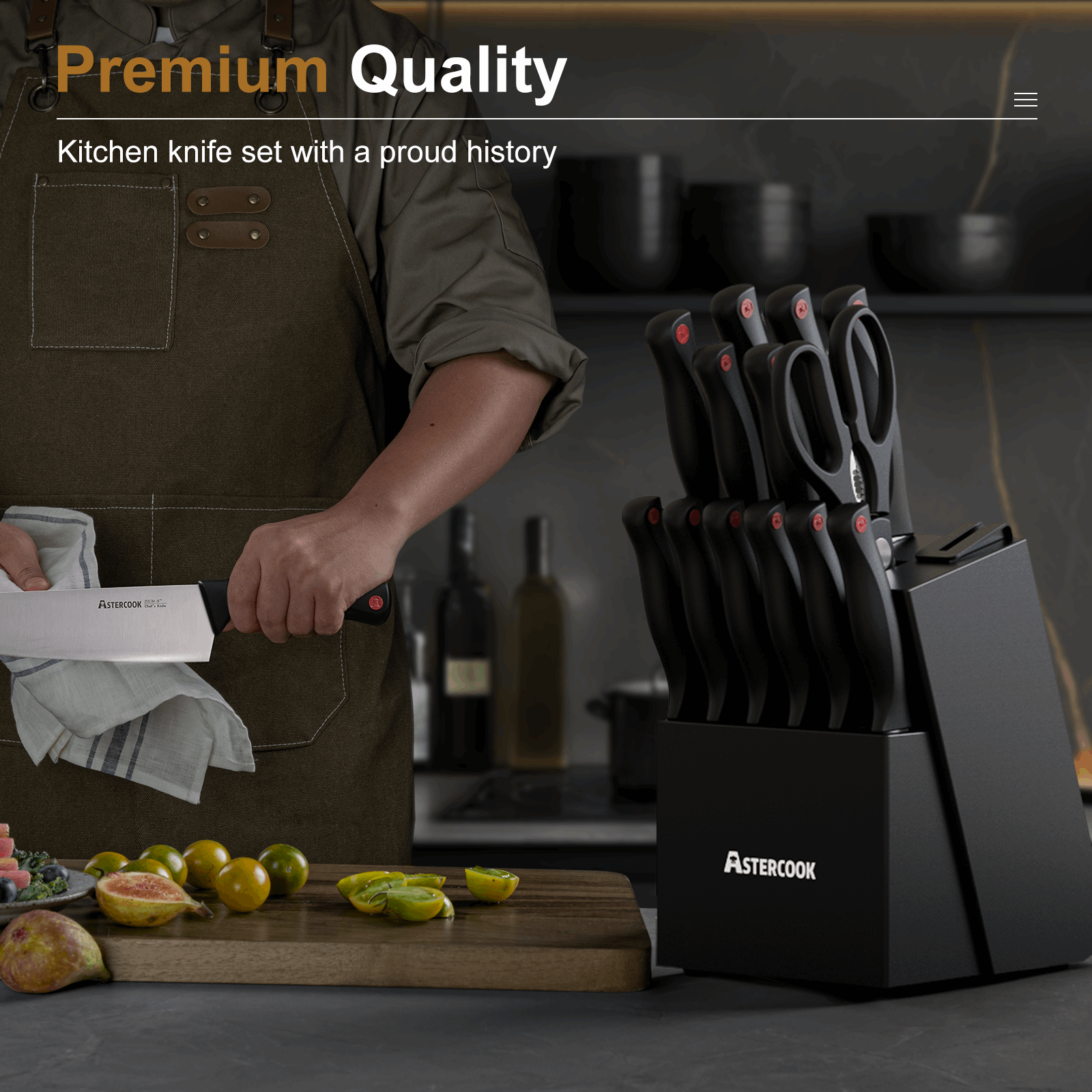 Astercook Knife set, 14-Piece Kitchen Knife Set with Built-in Sharpener, High Carbon German Stainless Steel Knives Block Sets, Ultra Sharp & Rust Resistant, Dishwasher Safe