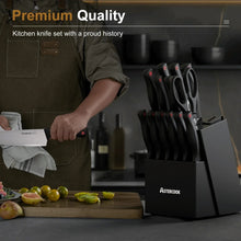 Kitchen knife set with built-in sharpener, black-handled knives in dark storage block