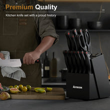 Astercook kitchen knife held in hand above cutting board, with knife block behind