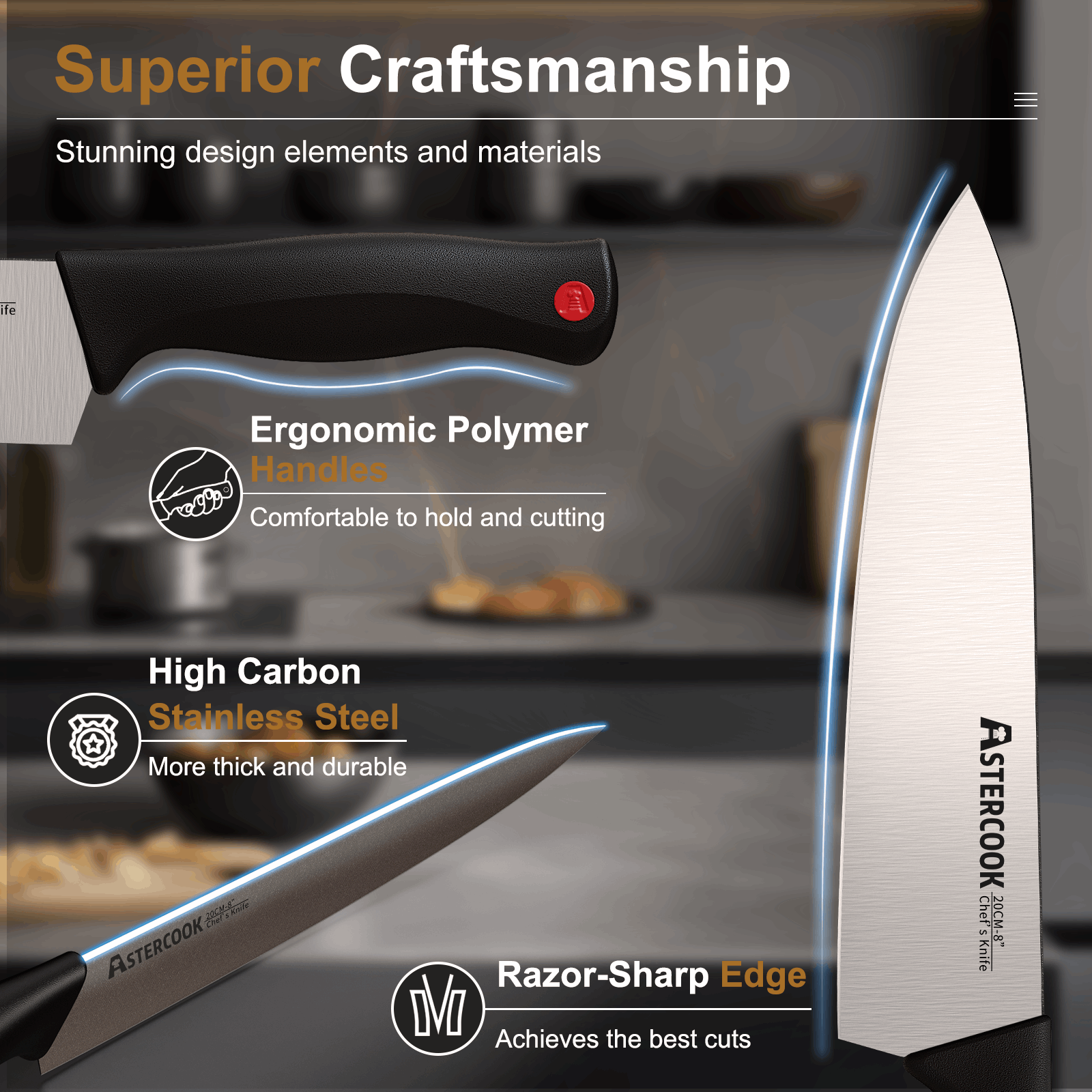 Astercook Knife set, 14-Piece Kitchen Knife Set with Built-in Sharpener, High Carbon German Stainless Steel Knives Block Sets, Ultra Sharp & Rust Resistant, Dishwasher Safe