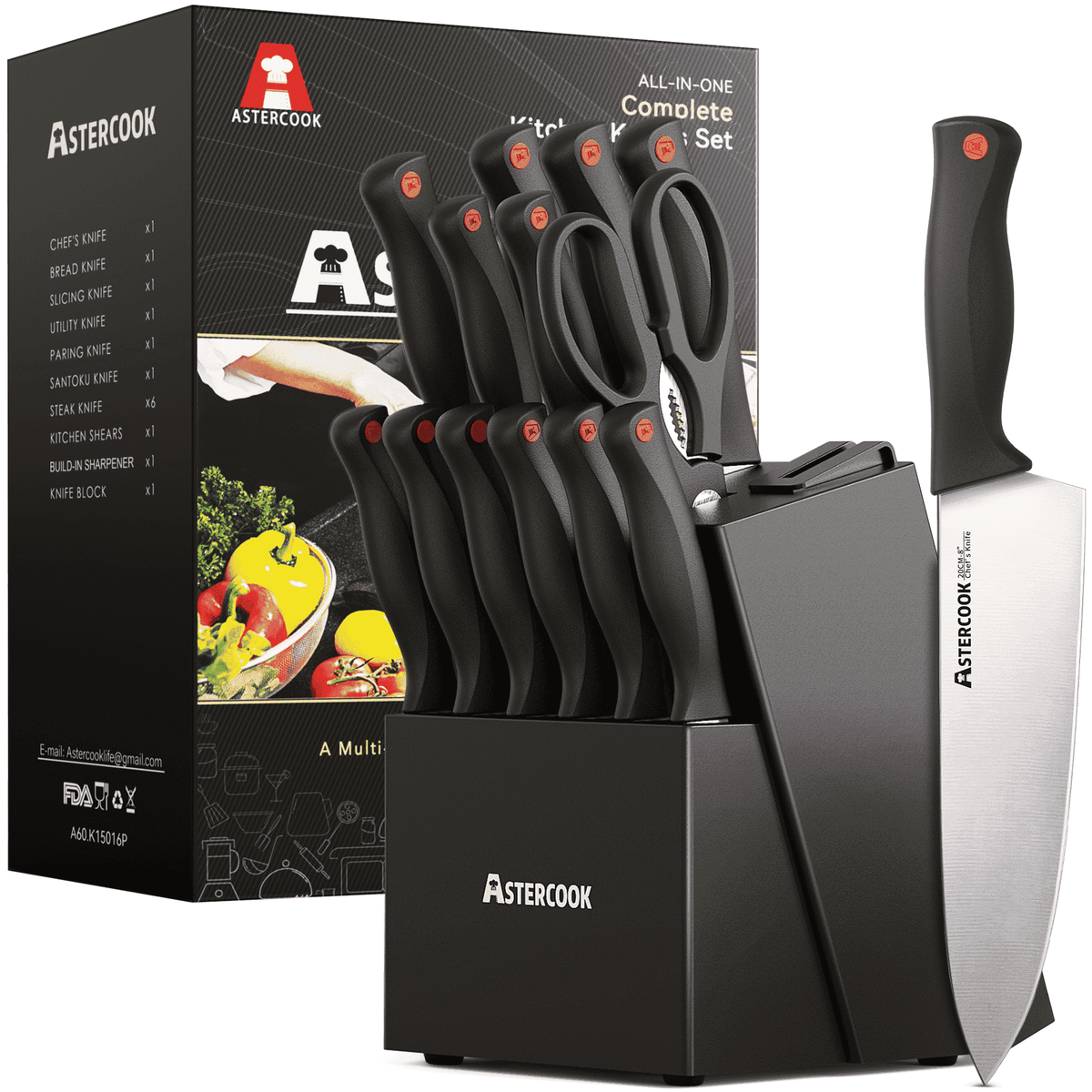 Astercook Knife set, 14-Piece Kitchen Knife Set with Built-in Sharpener, High Carbon German Stainless Steel Knives Block Sets, Ultra Sharp & Rust Resistant, Dishwasher Safe