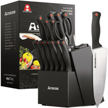 Kitchen knife set with built-in sharpener, black-handled knives in storage block and box