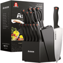 Astercook 14-piece knife set with black-handled knives in a black block