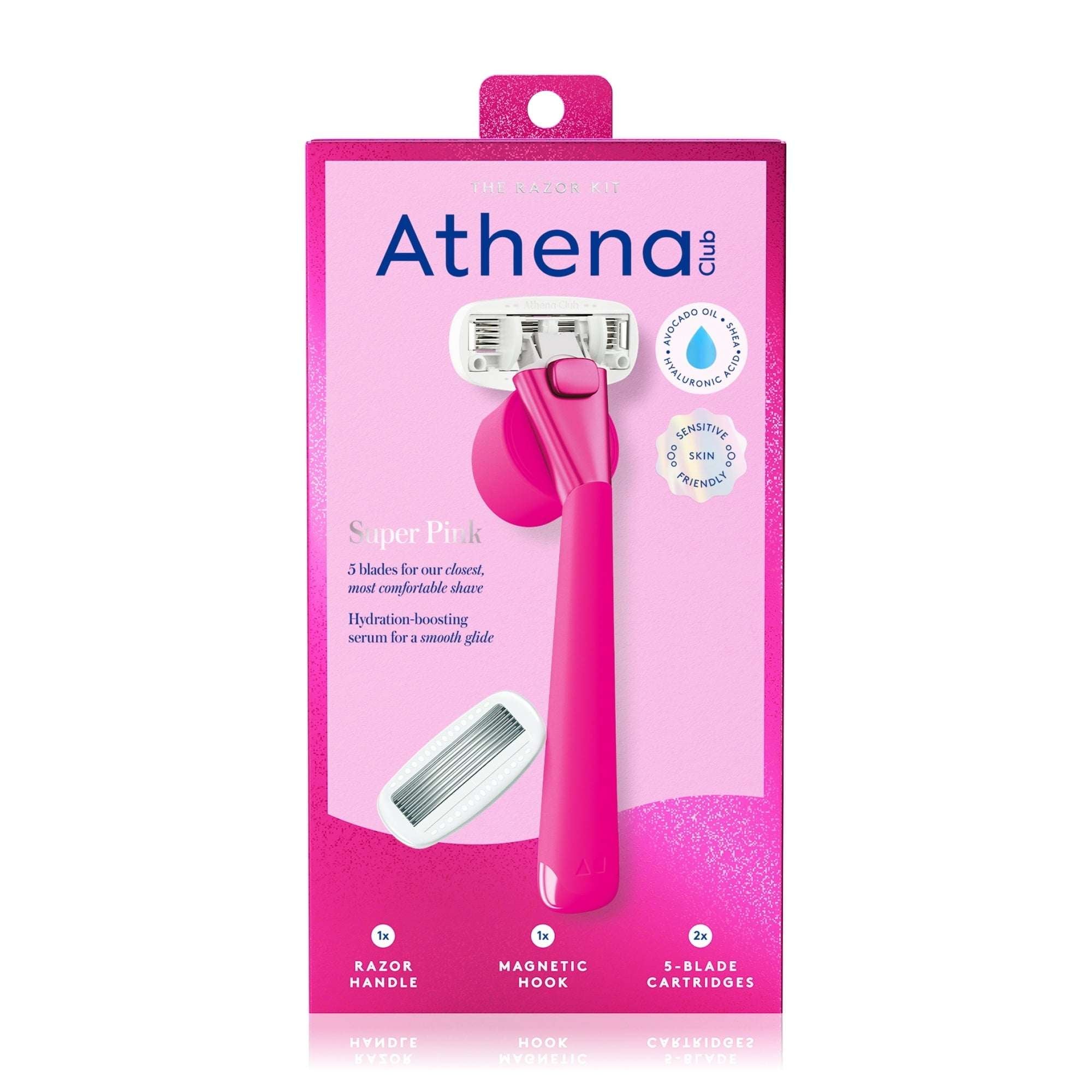 Kit de Afeitar de 5 Cuchillas para Mujer Athena Club - 1 Mango, 2 Repuestos de Cuchillas, Gancho Magnético - Superrosa