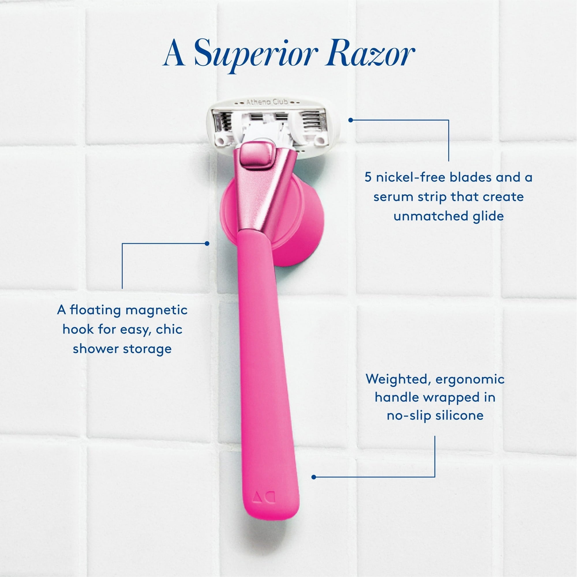 Athena Club 5-Blade Women's Razor Kit - 1 Handle, 2 Blade Refills, Magnetic Hook - Super Pink