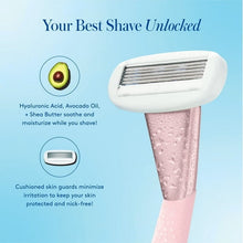 Razor refill cartridge on shaving handle, shown with moisture beads
